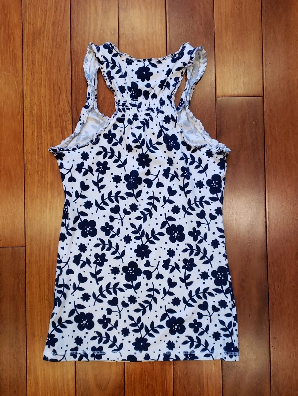 Small Floral Ruffle Racer Back tank top. White with blue - Picture 8 of 10